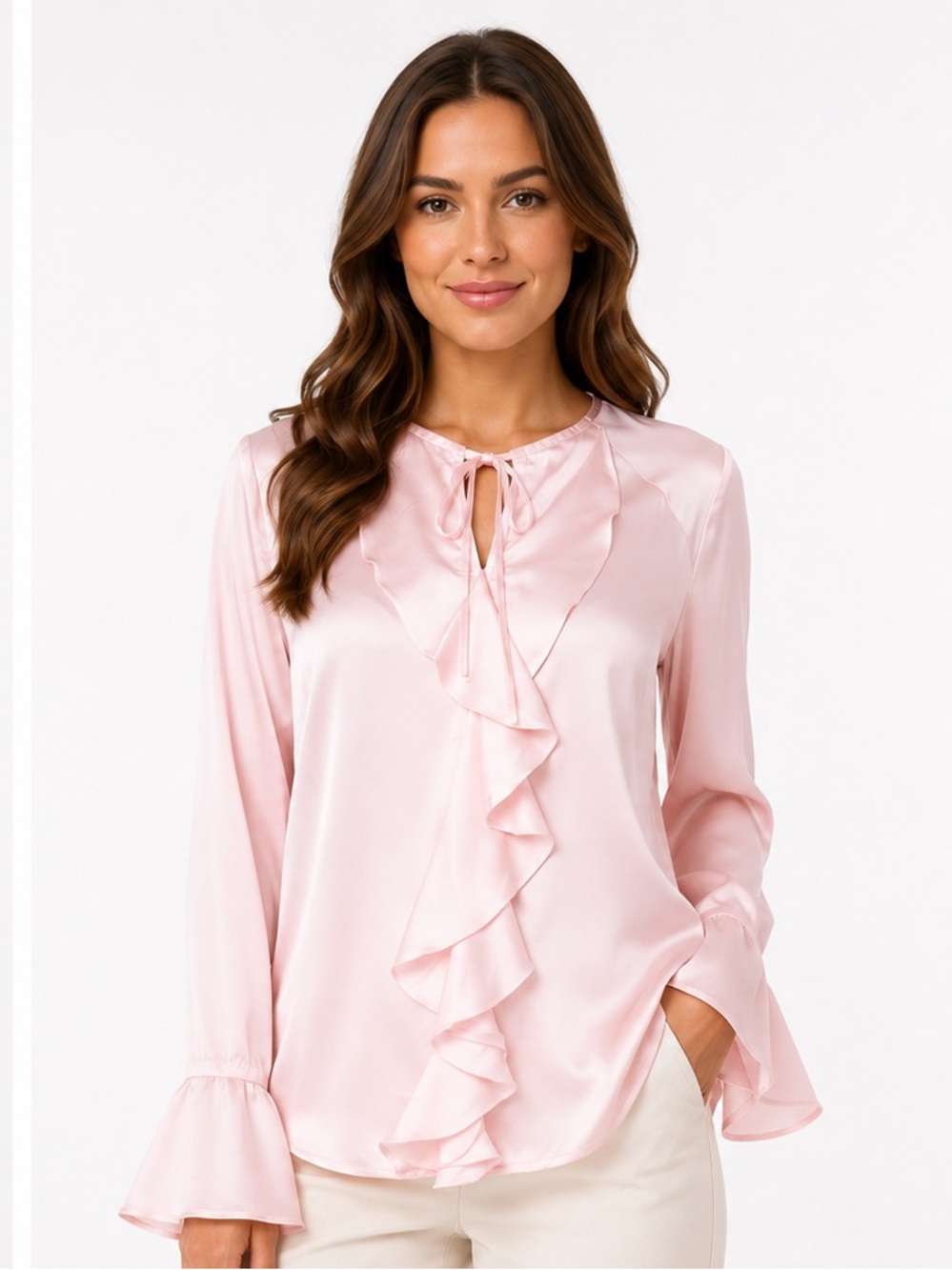 Elegant Pink Satin Ruffle Blouse